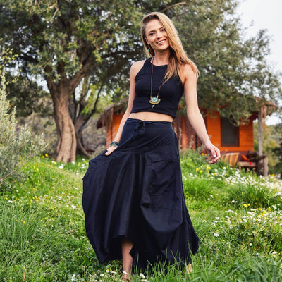 Los Banditos Gypsy Style Elastic Waist Oversize Pockets Black Skirt - Simple Good