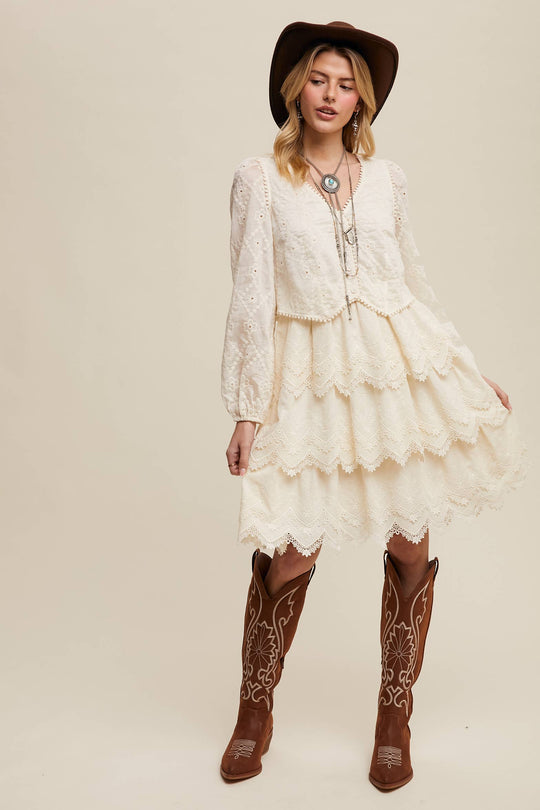 Tiered Scallop Embroidered Mini Dress