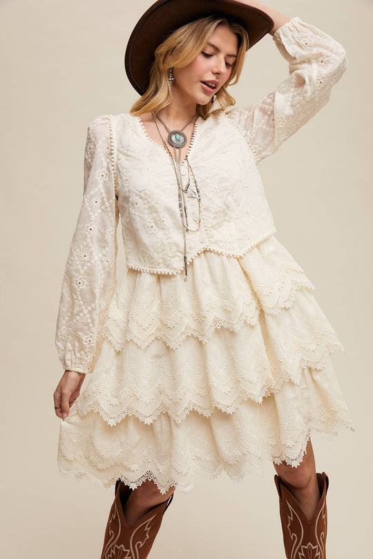 Tiered Scallop Embroidered Mini Dress