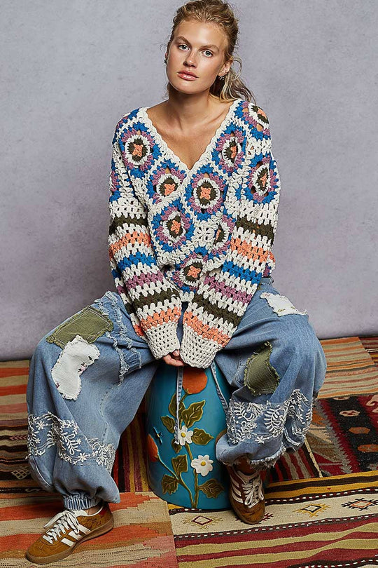 V Neck Granny Square Chenille Sweater