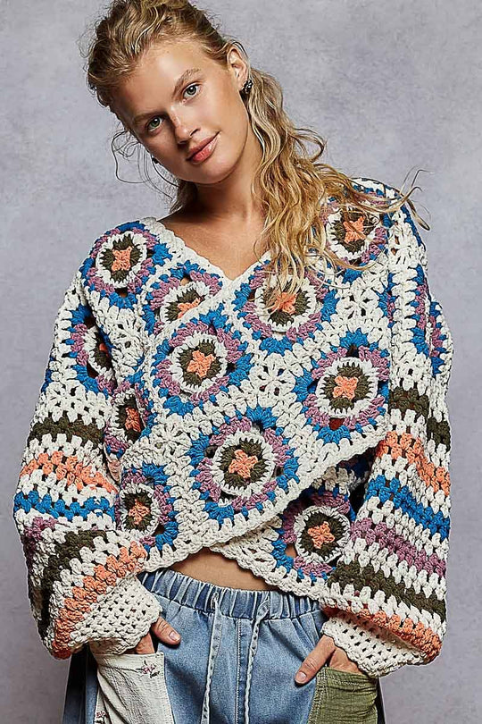 V Neck Granny Square Chenille Sweater