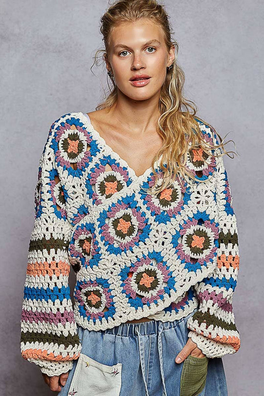 V Neck Granny Square Chenille Sweater