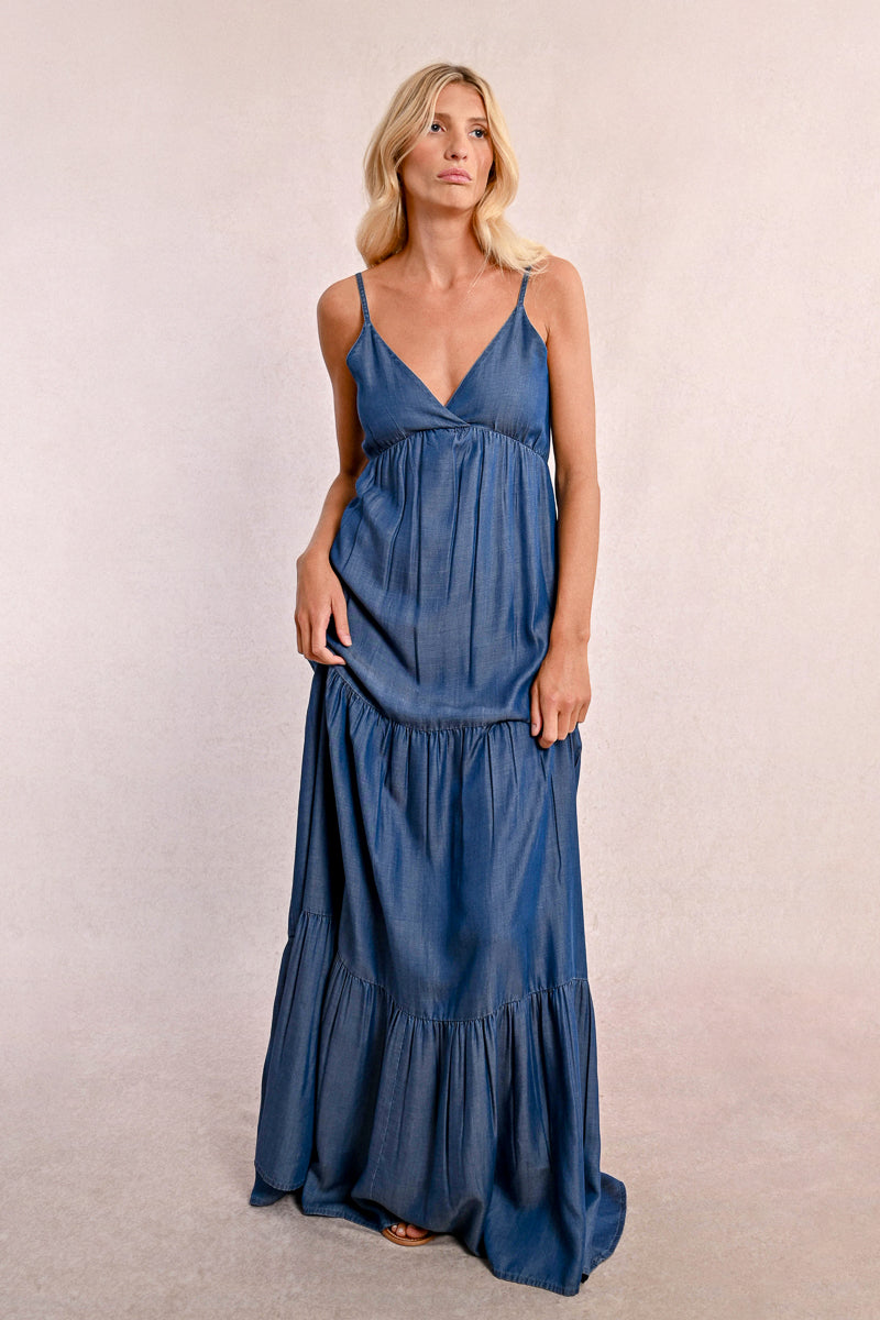 Tiered Denim Tank Maxi Dress with Empire Waist & Tie Back – Simple Good