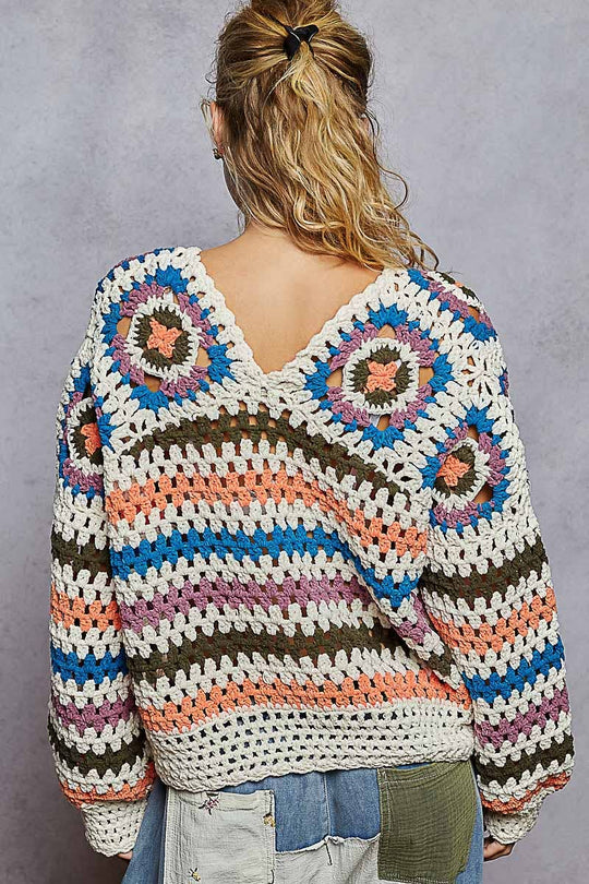 V Neck Granny Square Chenille Sweater