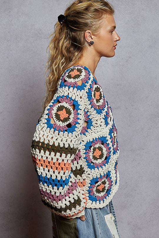 V Neck Granny Square Chenille Sweater