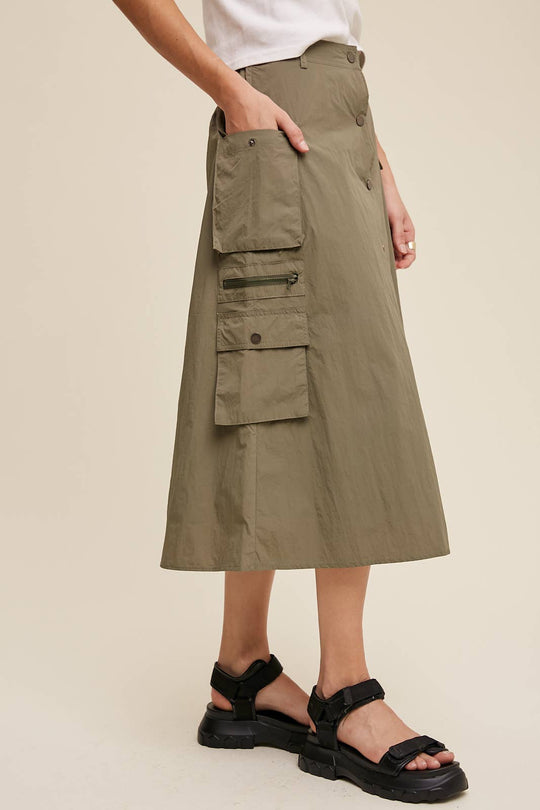 Parachute Button-Front Cargo Midi Skirt