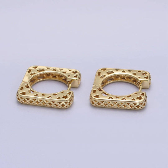 14K Gold Filled Filigree Star Thin Square Huggie Earrings