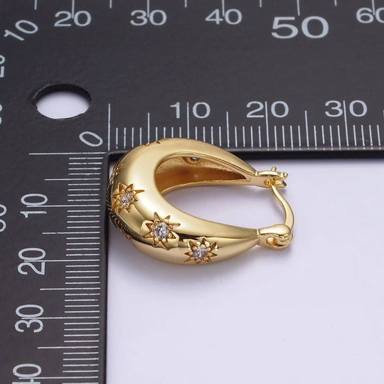 16K Gold Filled Oblong Dome Latch Hoop Earrings With Celestial Cubic Zirconia