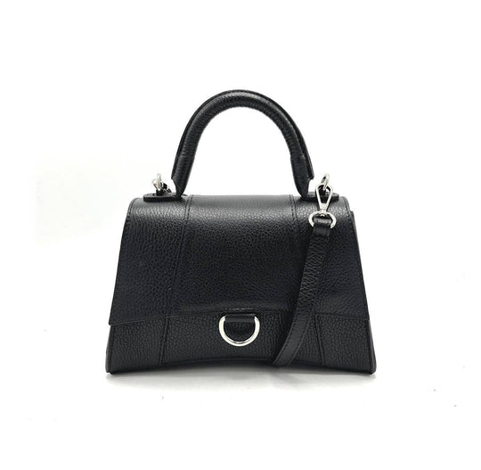 Black handbag with a silver clasp on a white background