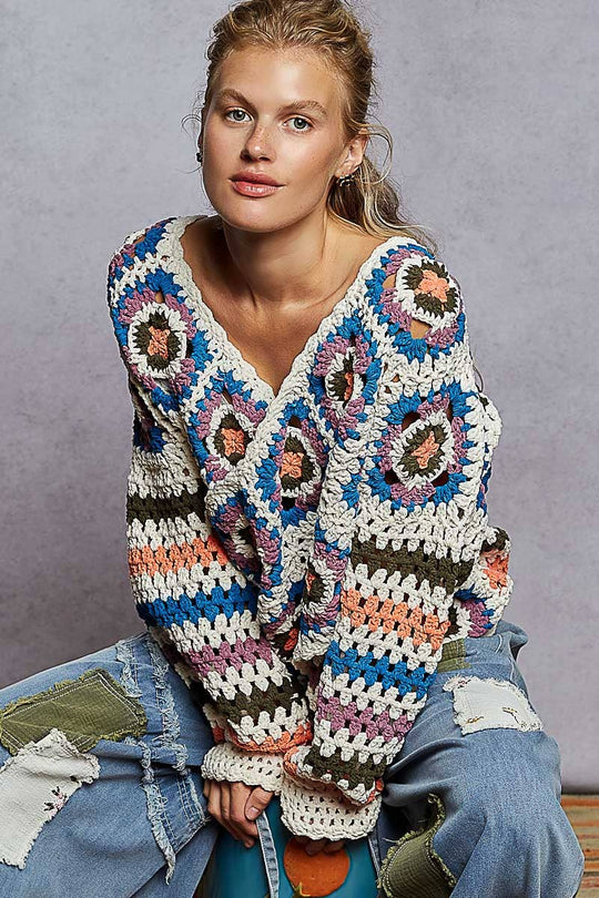V Neck Granny Square Chenille Sweater