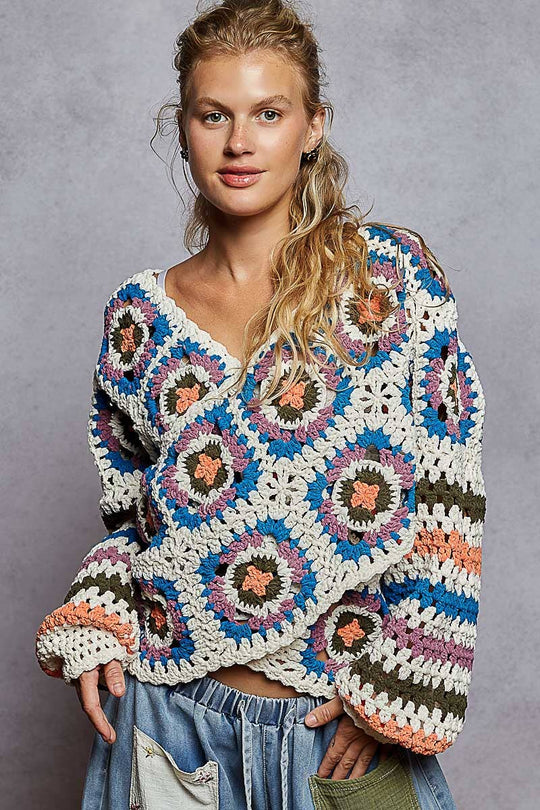 V Neck Granny Square Chenille Sweater