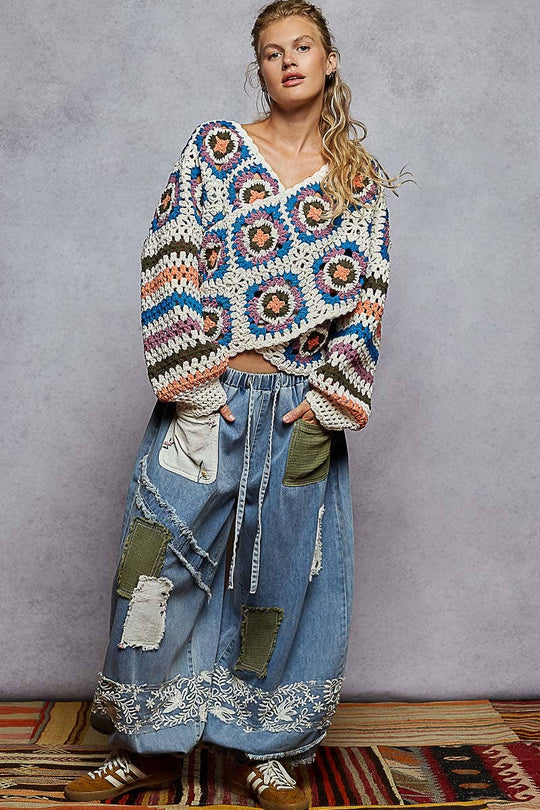 V Neck Granny Square Chenille Sweater