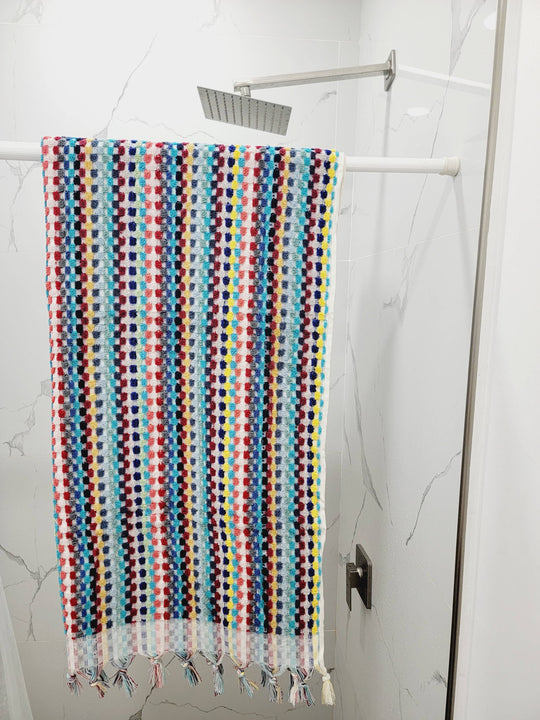 Turkish Towel with Pom Poms- Rainbow