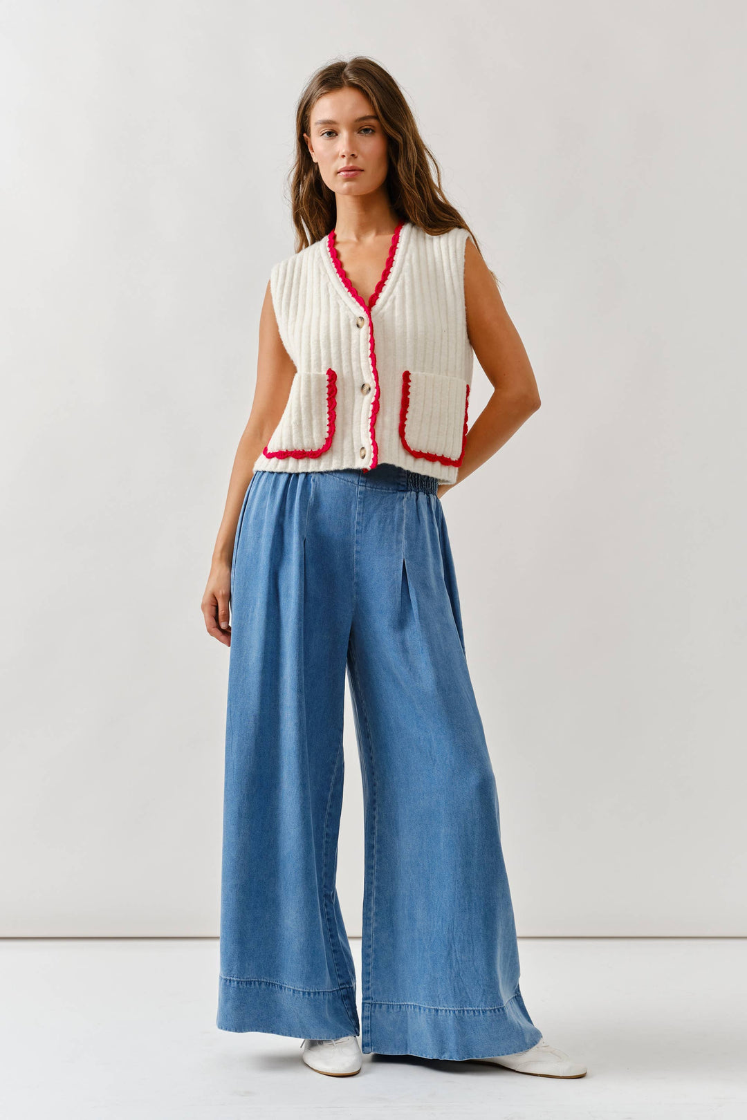 Smock Waist Soft Denim Wide Trousers