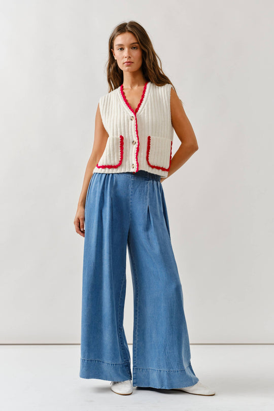 Smock Waist Soft Denim Wide Trousers