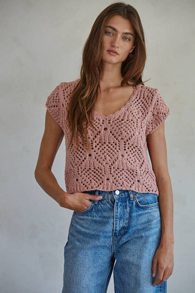 Crochet Knit Cotton V Neck Sweater