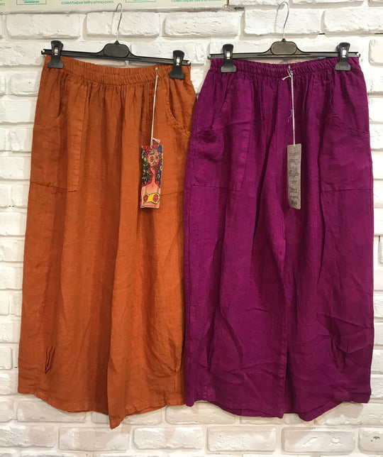 Flared Linen Pants w/ Wide Waistband