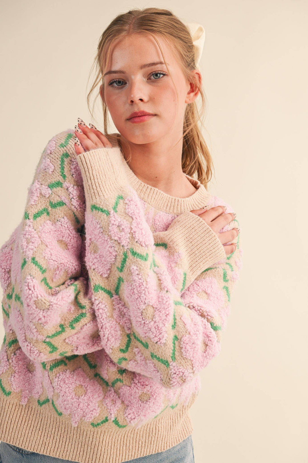 Fuzzy Pink Floral Sweater