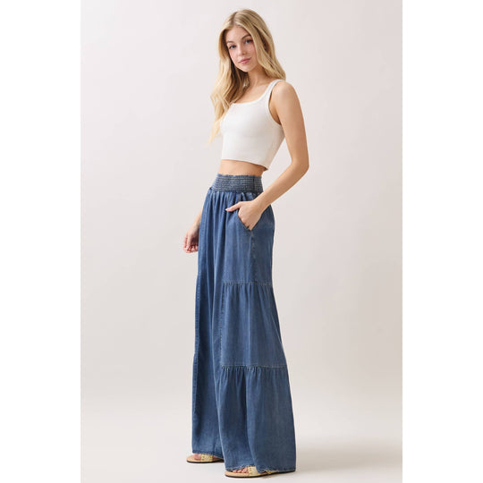 Denim Tencel Tiered Wide Leg Pants