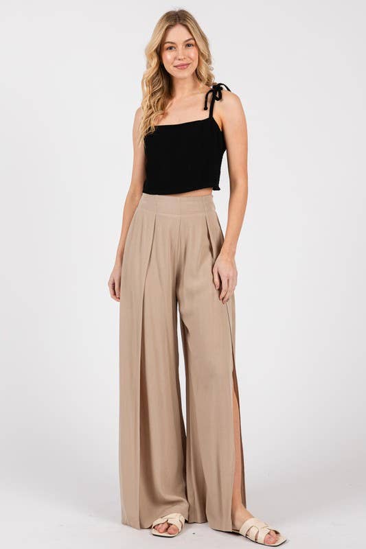 Solid Front Slit Wide Leg Pants