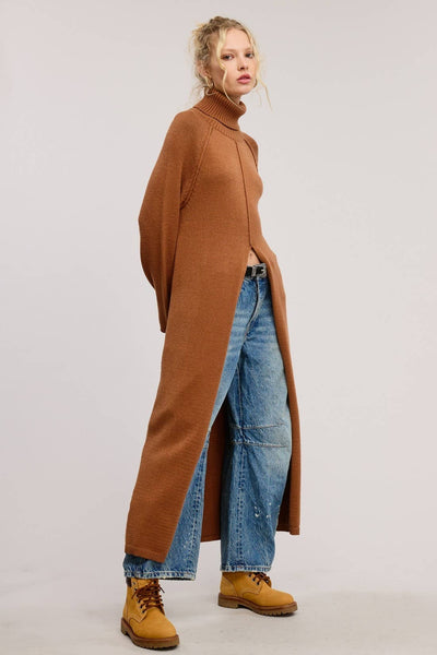 Ribbed Turtleneck Tunic Sweater Dress with Slit