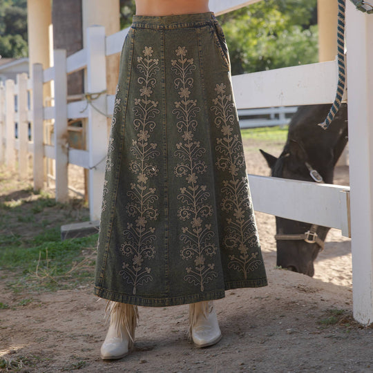 Artisan Floral Embroidered Denim Maxi Skirt