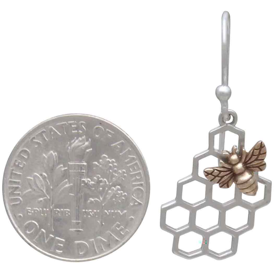 Silver Honeycomb Dangle Earring with Bronze Bee