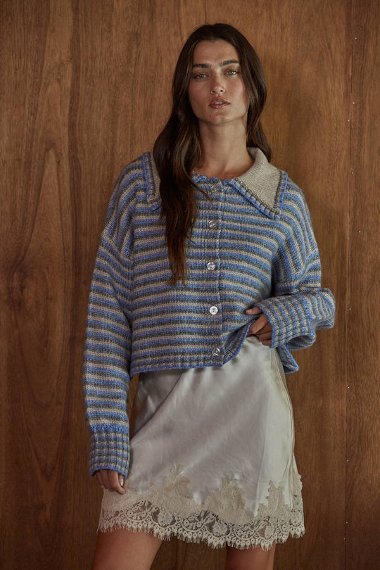 Striped Button Down Cardigan With Collar