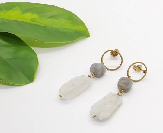 Brass Double Stone Stud Dangle Earring: Turquoise-Amazonite