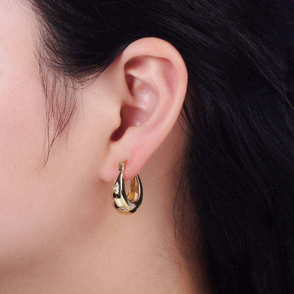 16K Gold Filled Oblong Dome Latch Hoop Earrings With Celestial Cubic Zirconia