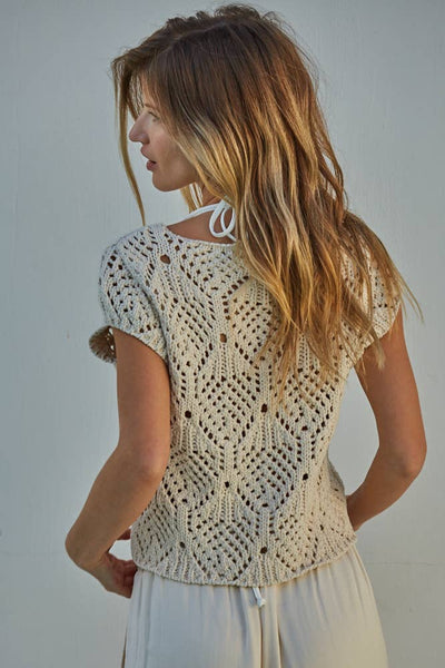 Crochet Knit Cotton V Neck Sweater