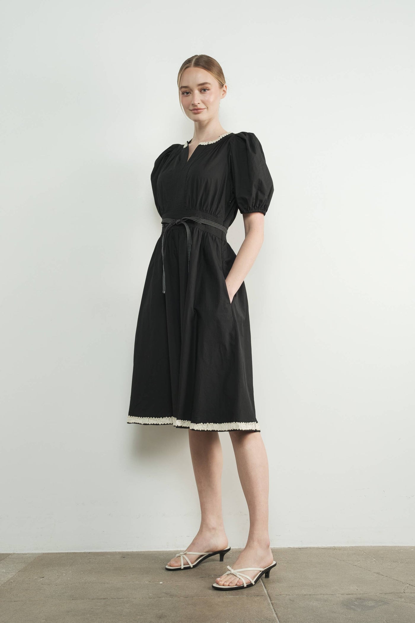Embroidered Midi Dress with Puff Sleeve