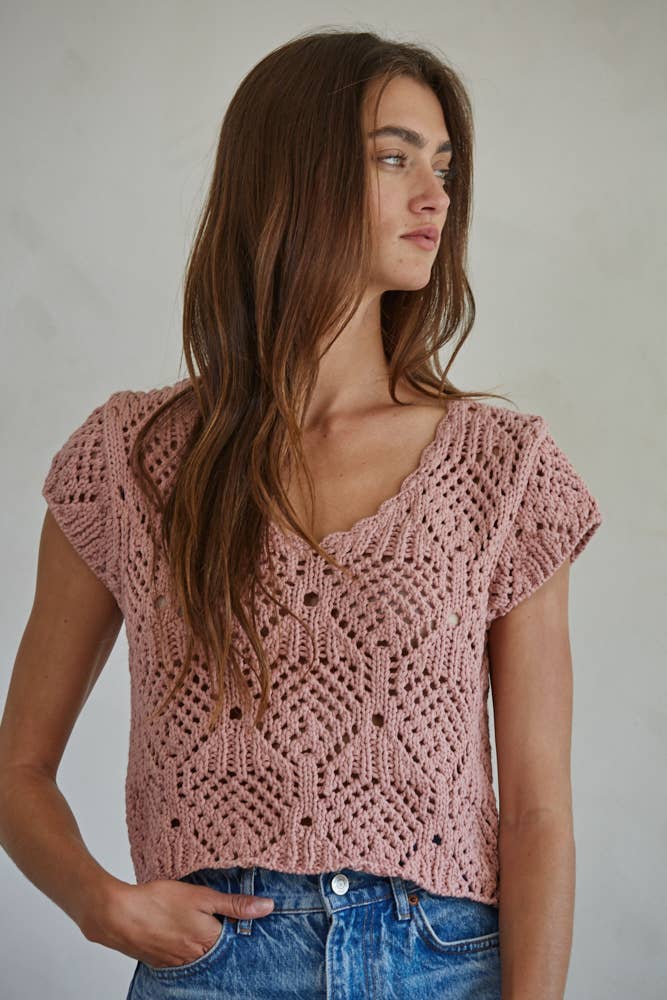 Crochet Knit Cotton V Neck Sweater