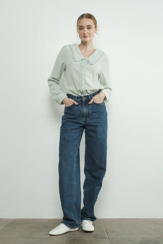 Checkered Button Up With Ruffle Edge Collar