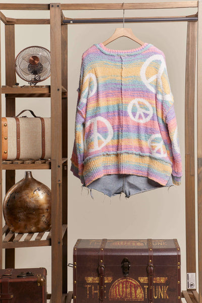 Pastel Rainbow Striped Peace Sign Sweater