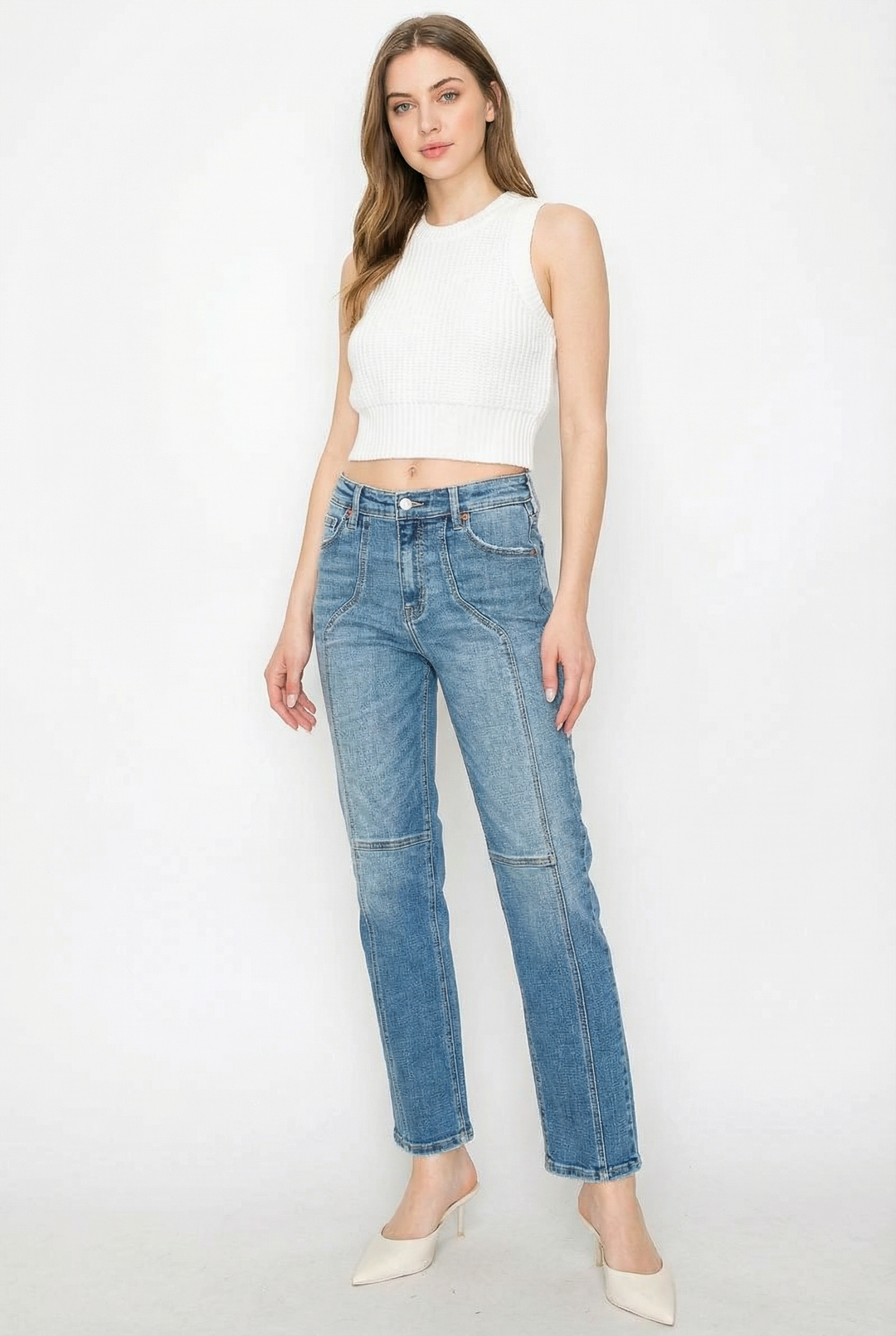 High Rise Straight Leg Jeans with Western Detailing