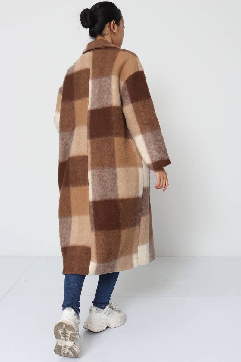 Camel Plaid Mid Length Pea Coat