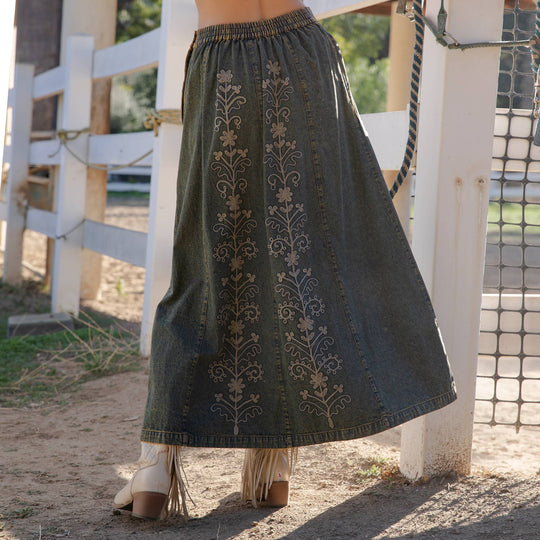 Artisan Floral Embroidered Denim Maxi Skirt