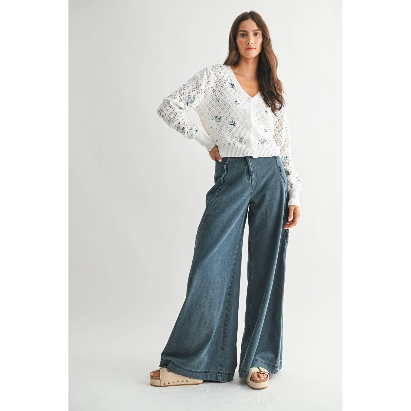 Wide Leg Stretch Denim With Scallop Trim
