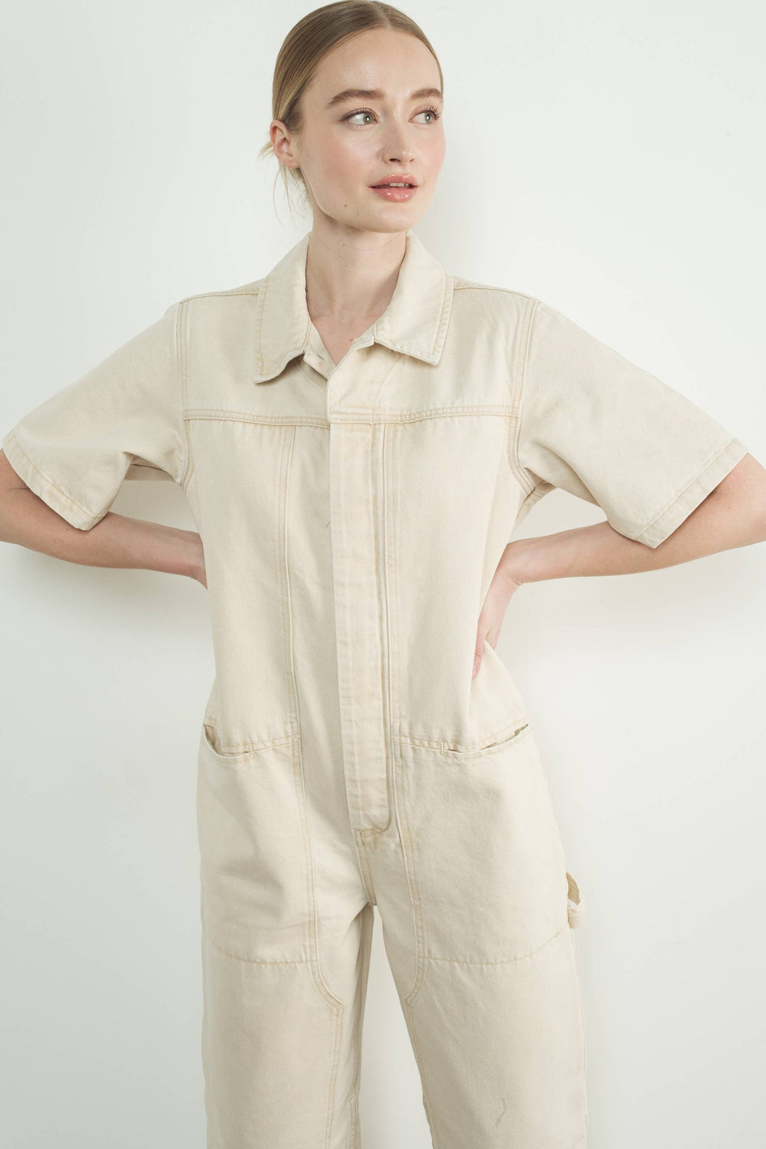 Denim Short Sleeve Collared Jumpsuit