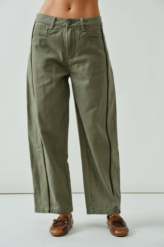 Olive Barrel Jeans with Piping Detail