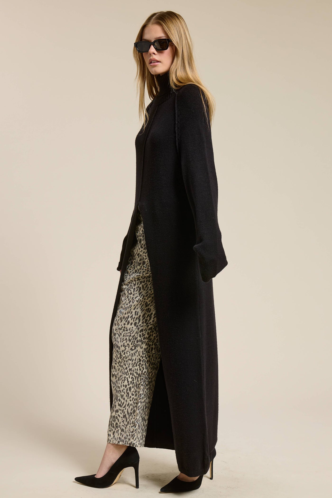 Ribbed Turtleneck Tunic Sweater Dress with Slit