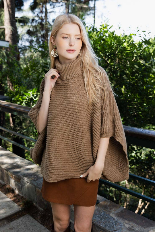 Turtleneck Ribbed Knit Poncho w/ Armholes