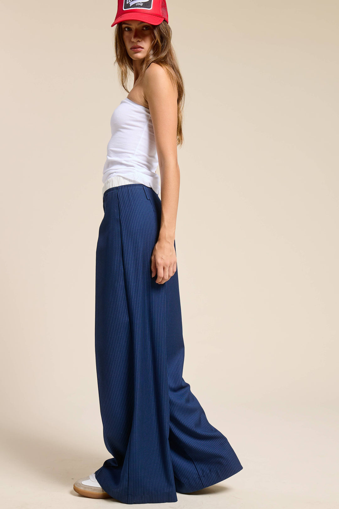 Pinstripe Wide Leg Pants with Contrast Waistband