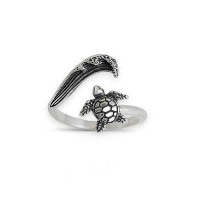 Sterling Silver Sea Turtle & Wave Adjustable Ring