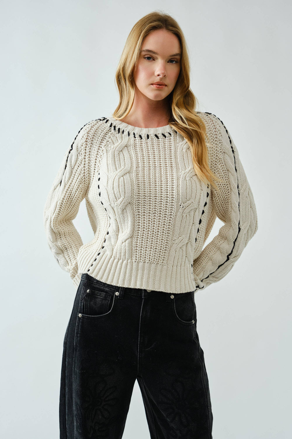 Cable Knit Sweater With Stitched Detail