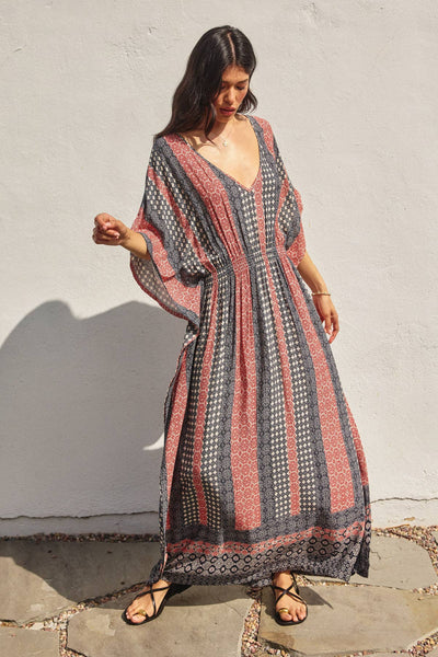 Border Print Cinch Kaftan Dress