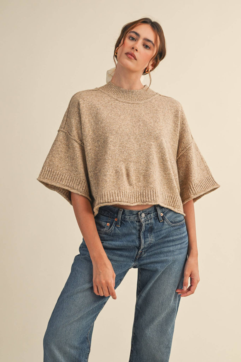 Marled Knit Mock Neck Short Sleeve Sweater