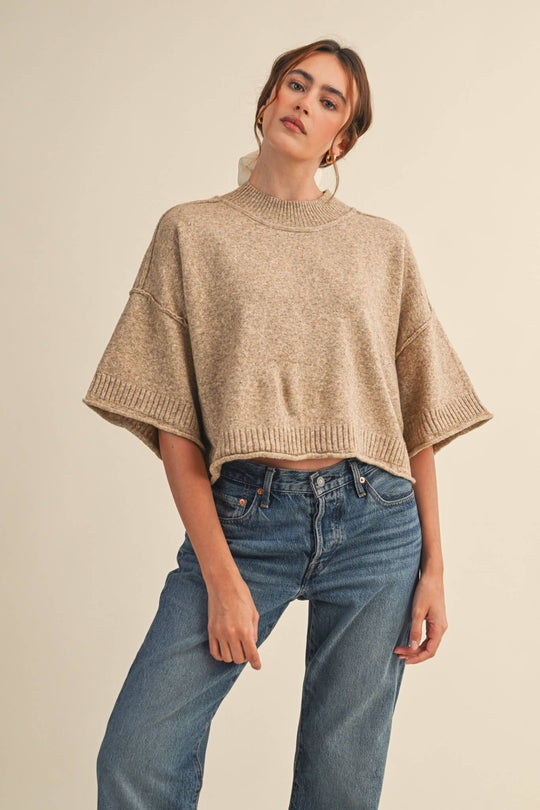 Marled Knit Mock Neck Short Sleeve Sweater