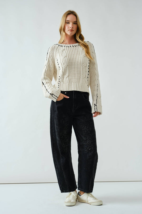 Cable Knit Sweater With Stitched Detail